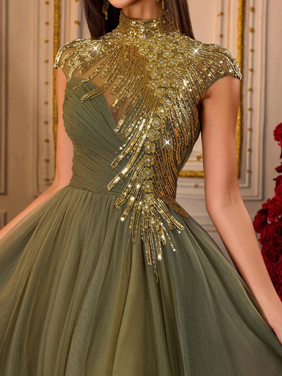 Chiếc đầm dạ hội bằng chiffon đính sequin màu xanh ô liu sang trọng này có đường xẻ cao đến đùi, thanh lịch và trang trọng, phù hợp cho các buổi dạ tiệc, tiệc tối trang trọng, sự kiện thảm đỏ và các dịp khác. Nó cũng có thể được mặc như một chiếc đầm chữ A, đầm dự đám cưới, đầm dự thi sắc đẹp, đầm dự tiệc trang trọng, đầm tốt nghiệp, đầm phù dâu hoặc đầm chiffon đặc biệt khác. Thích hợp cho tiệc mùa xuân. - Màu xanh Ô liu - Xem 1