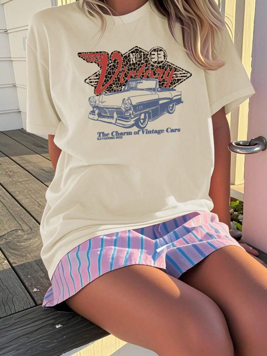 1pc Tween Girl Casual Leopard Print & Retro Car Color Graphic Round Neck Short Sleeve T-Shirt, Summer Student Young - Brings Joy & Happiness To Every Child! - 杏色 - 查看 1