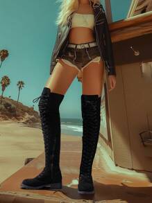 Botas altas negras de motocicleta para mujer, botas altas con tacón grueso plano, con cremallera lateral, punta redonda y cordones, pierna delgada, botas de montar elegantes y de moda para tallas grandes, nuevas llegadas para otoño/invierno 2025