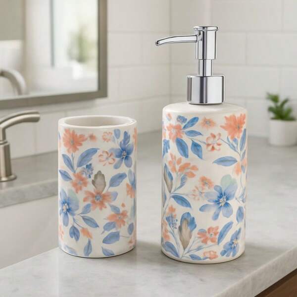 ARISE - Set de Baño en Cerámica 2 Piezas - Dispensador Jabón Líquido y Vaso Cepillos - Diseño Elegante, Resistente a la Humedad, Ideal para Decoración y Regalo