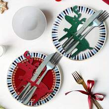 10 piezas Manteles individuales de reno navideños, bolsas portacubiertos de fieltro, bolsillos para cuchillo y tenedor, decoración de mesa navideña, decoraciones navideñas