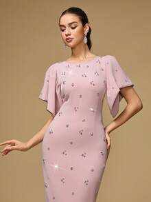 Women's Round Neck Puff Sleeve, Drawstring Back Neck, Handmade Rhinestone Embellished Elegant Dress - Pink - View 6