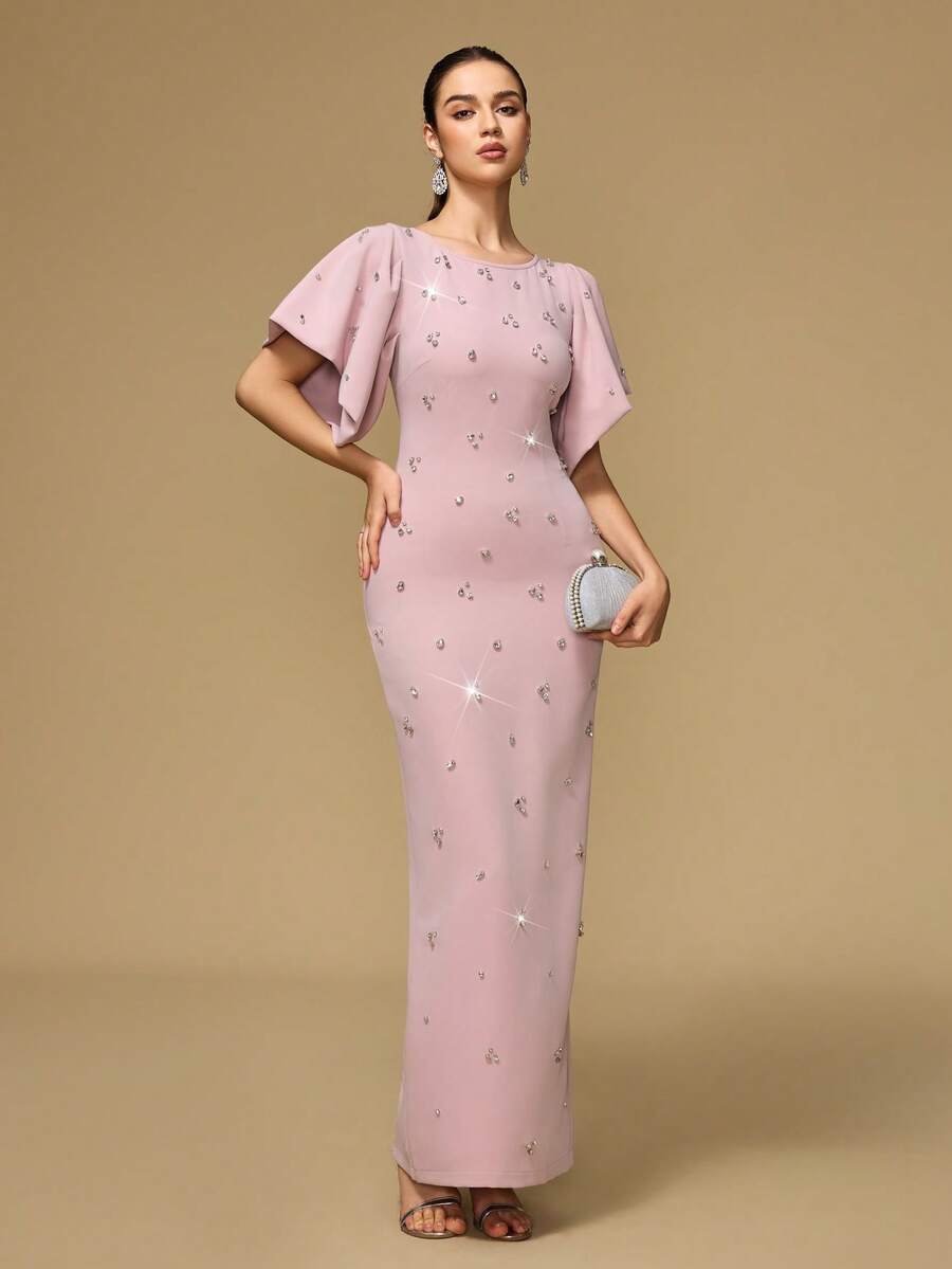 Women's Round Neck Puff Sleeve, Drawstring Back Neck, Handmade Rhinestone Embellished Elegant Dress - Pink - View 1