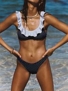 Women's Sexy Fashion Black 2-Piece Swimsuit, Ruffle Trim Design, Perfect For Summer Beach Vacation, Bikini Set With Random Print Pattern - Black - View 5