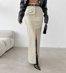 Women's Clothing Leather Design Slit Solid Color High Waist Simple Leather Slim Fit Midi Skirt - Black - View 7
