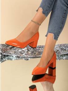 尖头女式浅口鞋，粗跟高跟鞋，简约浅口工作鞋 - 橘色 - 查看 2