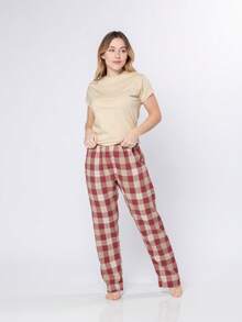 Women's Plaid Pajamas, Flannel Pants With Pocket And 100% Cotton T-Shirt - Màu be - Xem 3