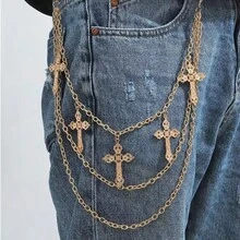 Halloween Punk Multilayer Pants Chain Belt Metal Stars Cross Spider Web - Dây chuyền quần dài đeo chéo ba lớp màu vàng - Xem 3