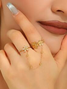 1PC Fashionable Unique Personalized Finger-Linked Stainless Steel Gold-Plated Open Adjustable Ring For Women Exquisite Waterproof Daily Wedding Party Jewelry Gift