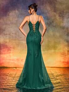 性感刺绣花朵连衣裙，搭配亮片串珠晚礼服，鱼尾下摆和后背，适合正式场合、优雅舞会晚礼服、婚礼嘉宾、毕业典礼、晚宴 - 墨綠色 - 查看 3