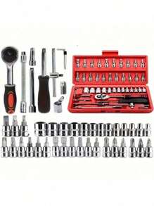 46 件套工具套件，棘轮扳手，公制套筒螺丝刀头，适用于汽车、摩托车、自行车和家庭维修，塑料盒套装 - 彩色 - 查看 2