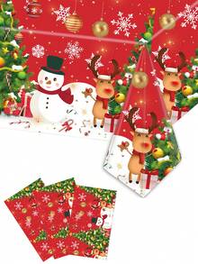 1Pc Christmas Tablecloth,Red Christmas Tree Snowman & Reindeer Pattern Table Cover,137*274cm Christmas Decor Plastic Tablecloth,Xmas Party Disposable PE Tablecloth,Merry Christmas Table Flag,Christmas Decoration For Home,Kitchen Dining Table Decor,Christmas Party Supplies,Christmas Gift,Holiday Party Favor,Xmas Decor,Home Decor - Red - View 2