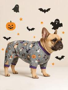 1 Stück süßer Halloween Muster Haustier Pyjama, geeignet für kleine und mittlere Hunde, Jungen und Mädchen, weich und dehnbar, Hundekleidung für Bichon, Yorkshire Terrier und Französische Bulldogge