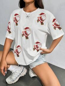 Christmas Santa Claus Sequin Decor Round Neck Short Sleeve T-Shirt - White - View 5