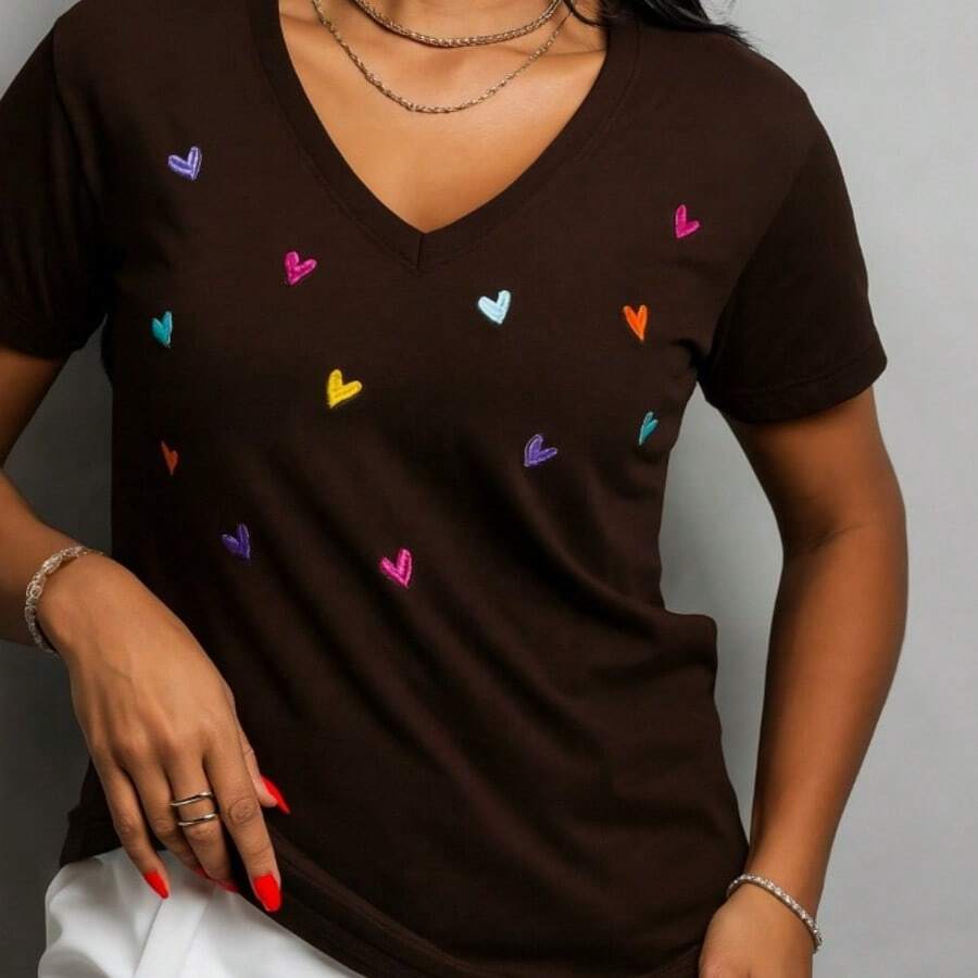SILK ROUTE Women's T-Shirt Blouse Basic V-Neck Cotton Heart Print T-Shirt In Various Colors - 鏽棕色 - 查看 1