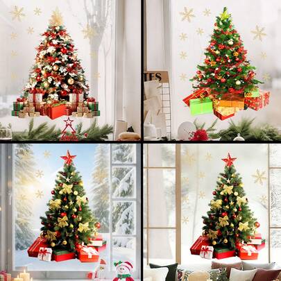 圣诞树礼物静电贴、家居装饰、商店橱窗节日装饰玻璃贴