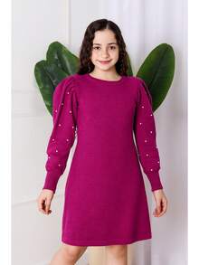 Vestido Lanzinha Infantil e Juvenil de Inverno Manga Longa com Pérolas (VINF040) - Púrpura - Visão 2
