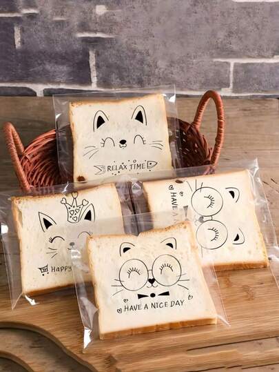 100个，可爱卡通透明自粘面包袋，可爱猫咪图案自封袋，切片吐司全麦面包自封包装，各种食品包装袋如饼干、面包、糖果、月饼等多种尺寸可供选择，适用于家庭聚会、露营、一次性食品包装袋、耐油牛皮纸袋、吐司袋、甜甜圈、百吉饼袋返校。