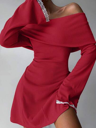 Damska, jednokolorowa, elegancka, seksowna, prążkowana, koronkowa sukienka z dekoltem halter i długim rękawem, mini sukienka, sukienki jesienne dla kobiet, urodziny, 2000