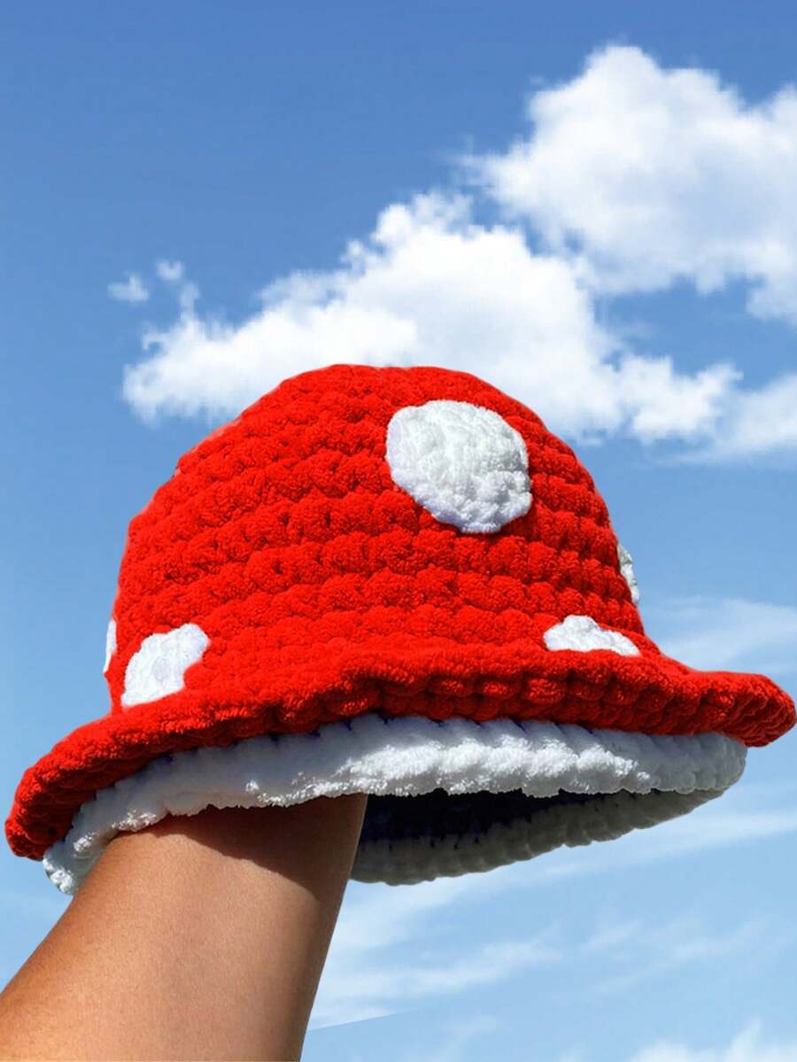 1pc Women's Red Bucket Hat, Cute Mushroom Bucket Hat, Handmade Crochet Thick Warm Knit Cap, Fairy Forest Hat, Casual Daily Hat