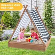 Lifezeal Wooden Sandbox With Canopy Tent Design Fir Wood Frame 2 Bench Seats Bottom - Brown - View 8
