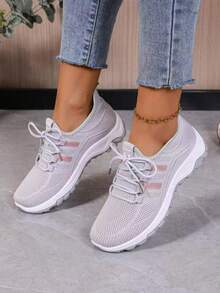 Women's Slip-On Mid-Top Casual Sports Shoes - Breathable Synthetic Cover & Mesh Upper, Vibrant Green & Orange Accents, EVA/PVC Cushioned Sole For All-Day Comfort - Versatile For Work, Running Errands & Casual Attire, Ladies Sneakers, Workwear Sneakers, Stylish Slipons, Modern Sneakers, Durable Traction, Comfortable Fit - 灰色 - 查看 4