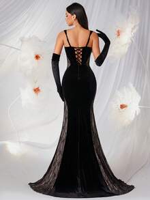 ADYCE 女士优雅粗肩带蕾丝拼接麂皮露背长裙，适合舞会、婚礼宾客、返校节、约会之夜、正式晚宴、生日派对、节日派对、家庭聚会（不含手套）、新年等场合。黑色春季款 - 黑色 - 查看 2