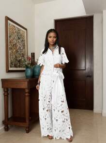 (1piece)Women's Solid-Color Sexy Cut Out Large-Flower Embroidered Lace Up Wide-Leg Pants,Casual Long Pants, No Top,Gothic Style