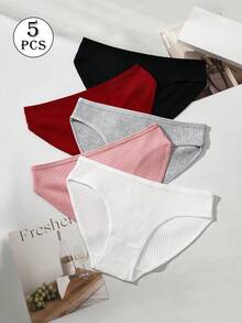 5pcs Pack Women's Ribbed Panties, High Elasticity Solid Color Letter Design Low Waist Briefs - Multicolor - View 8
