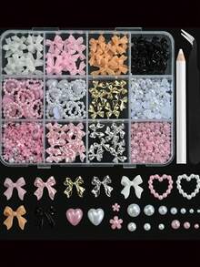 12 griglie/scatola Decorazioni per unghie 3D a fiocco, pendenti a fiocco floreali, perle piatte, set di gemme fai-da-te per arte di unghie, abbigliamento e decorazione di telefoni con strumenti, graziosi gioielli per unghie 3D rosa, forniture per unghie