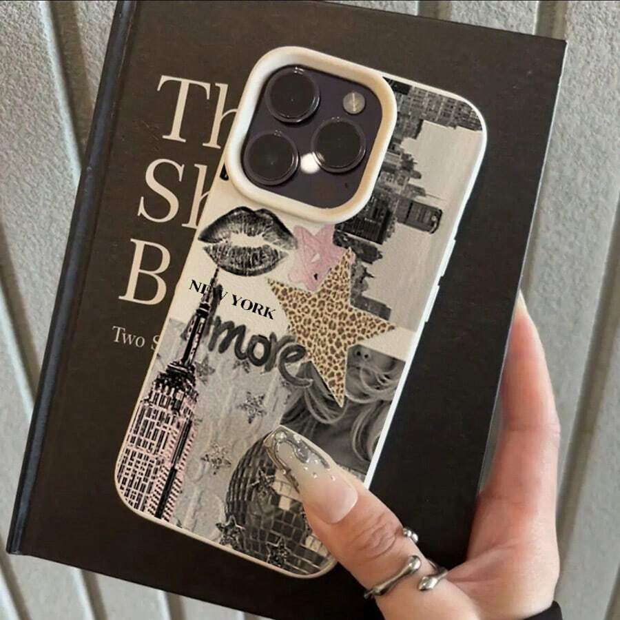 1pc TPU Vintage Architecture & Lip Print Star Lamp Mosaic Pattern Phone Case For IPhonnmi - White - View 1