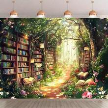 森林图书馆背景 - 绿色花卉魔法花园，带书架，涤纶摄影背景，适合家居装饰、生日、周年纪念等 - Multicolor(多色) - 查看 9