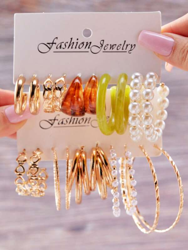 20pcs Fashionable & Elegant Pearl Hollow Heart C-Shaped Hoop Earrings Set, Suitable For Daily Wear