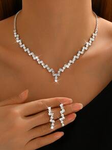 3pcs Set Minimalist Copper Rhinestone & Crystal Necklace & Earrings Jewelry Set, Wedding Accessories