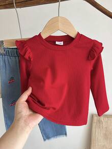 2 件女婴盖袖长袖 T 恤和樱桃刺绣直筒牛仔裤，复古街头可爱装扮，适合外出、居家、派对 - 紅色 - 查看 4