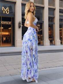 New Off-The-Shoulder European And American Women's Fashion Chiffon Print Fairy Long Temperament Evening Dress - 藍色 - 查看 4