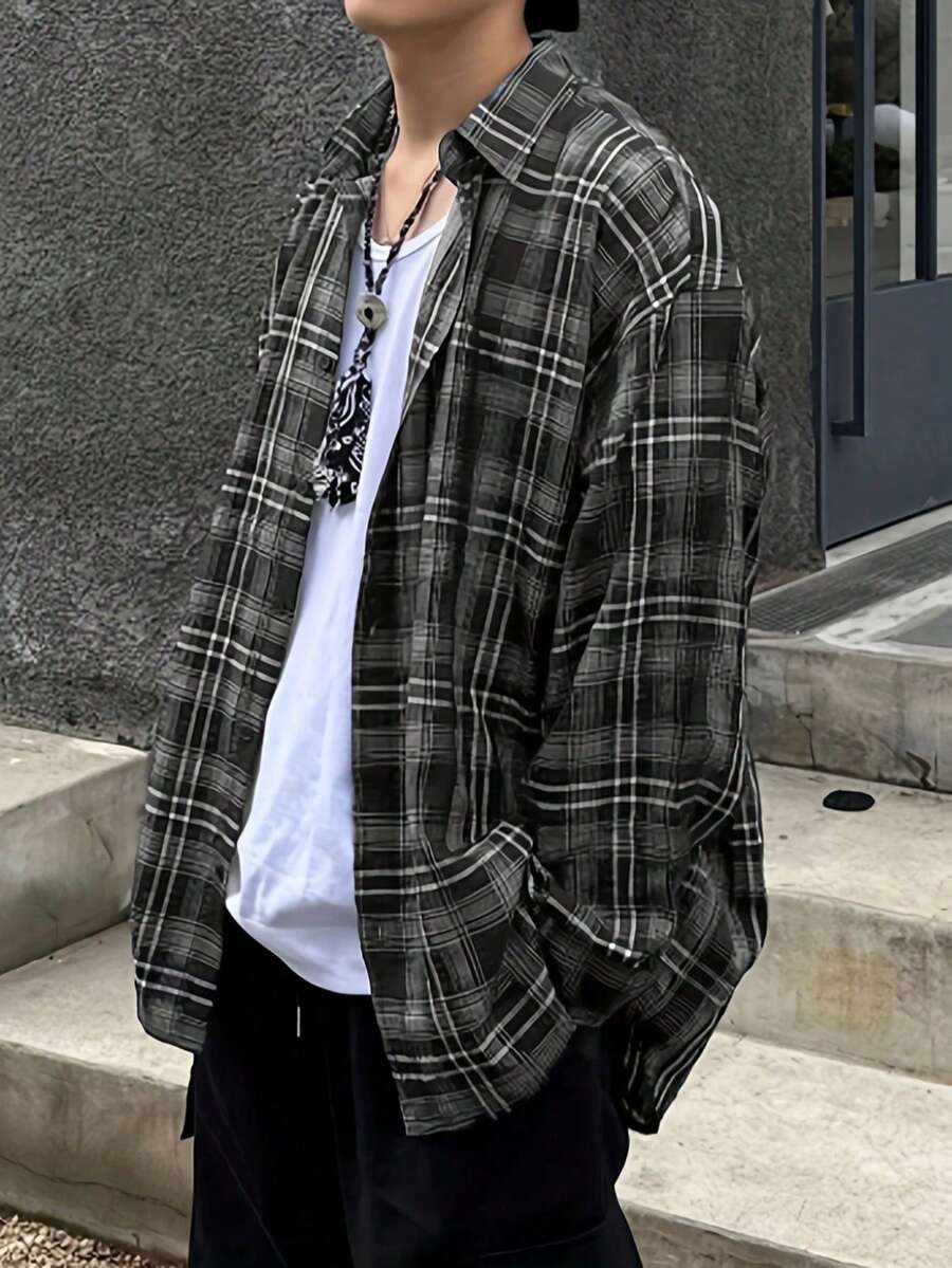 男士休闲日常格子长袖衬衫，适合秋冬季 - 彩色 - 查看 1