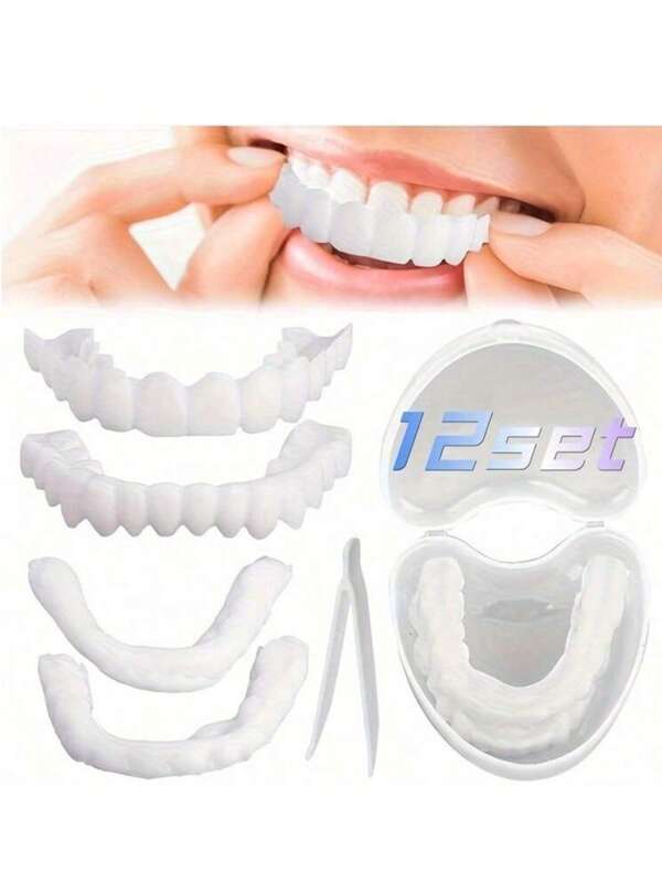 2PCS Veneer Teeth Kit Fake Temporary Tooth Whitening Replacement Temporary Tooth Replacement White Snap Repair Fitting Kit