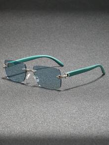 1 Pair Men's Rectangular Frameless Wooden Grain Temples Fashion Glasses, Business Casual Classic Versatile Fashion, Suitable For Beach & Holiday