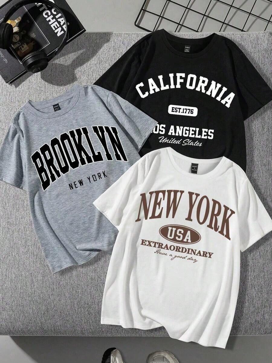 Set 3 Camisetas Manga Corta Cuello Redondo Estampado California Los Angeles Brooklyn New York  Mujer - Multicolor - Ver 1