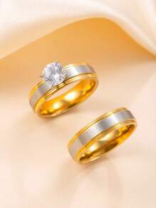 2 Stücke/Set einfache 4MM Zirkonia Dekor Edelstahl Ring für Frauen