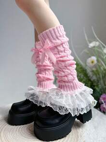 زوج من دفايات الساق المحبوكة بالكابل مع تطريز الدانتيل والفيونكة الوردية لوليتا للنساء، هدية عيد الميلاد - وردي - مشاهدة 3