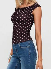 Womens Summer T Shirts Short Sleeve Crop Tops Boat Neck Dot Print Slim Fit Blouses - 深棕色 - 查看 2