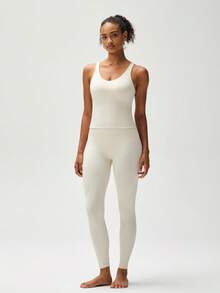 Two-Piece Set Women's Solid U-Neck Sleeveless Tank Top & High Waisted Leggings, Fitness Sportswear Set, Stretchy Sculpting Breathable Activewear For Gym Workout Lounge Summer Outfits - 白色 - 查看 1