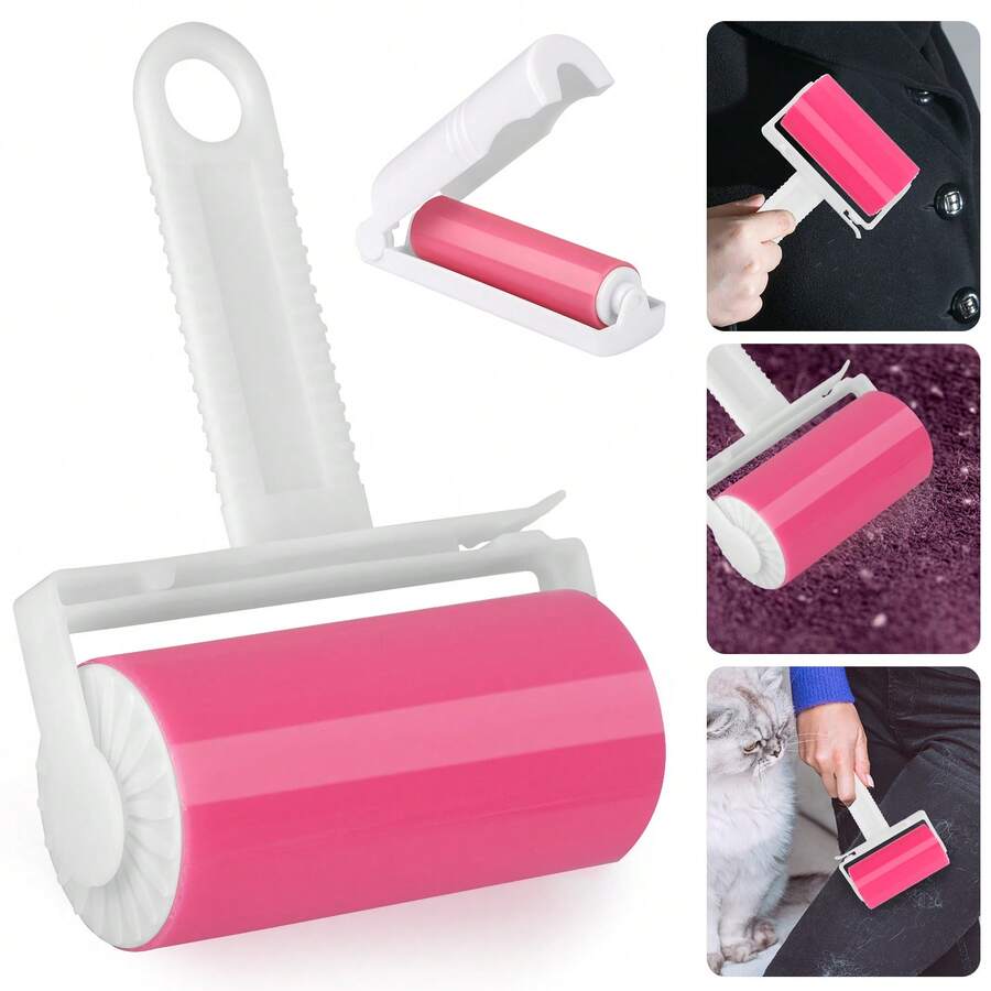 2pcs Reusable Lint Roller Brush Set, With Roller Replacements, Manual Pet Hair Fuzz Remover, For Clothing & Pet - 粉色 - 查看 1