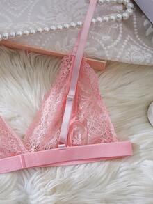2 件花卉蕾丝内衣套装，开杯文胸和开裆丁字裤，性感女士内衣和睡衣套装 - 粉色 - 查看 5