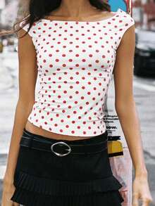 Women Y2K Off Shoulder T-Shirt Short Sleeve Boat Neck Polka Dot Slim Fit Crop Top Summer Baby Tee Going Out Tops Streetwear - 白色 - 查看 1