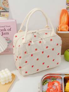 1 Stück süße Erdbeermuster Lunch Tragetasche aus Cord, isolierte Lunch Box Tasche mit großem Fassungsvermögen, Bento Tasche mit Fächern, wasserdichte Kühltasche, multifunktionale isolierte Lunch Box, wiederverwendbare Kühltasche für Getränke, Picknicktasche - Verschiedenfarbig - Übersicht 5