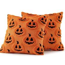 1/2 Fundas de almohada con diseño de cabeza de calabaza de Halloween, funda de cojín con cara de calabaza aterradora de un solo lado, decoración de moda para dormitorio, sofá y sala de estar, sin relleno de almohada