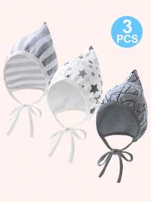 3件套婴儿0-6个月柔软亲肤尖头帽带带子，新生儿医院帽，适合所有季节，男女通用 - 星星款 - 查看 2